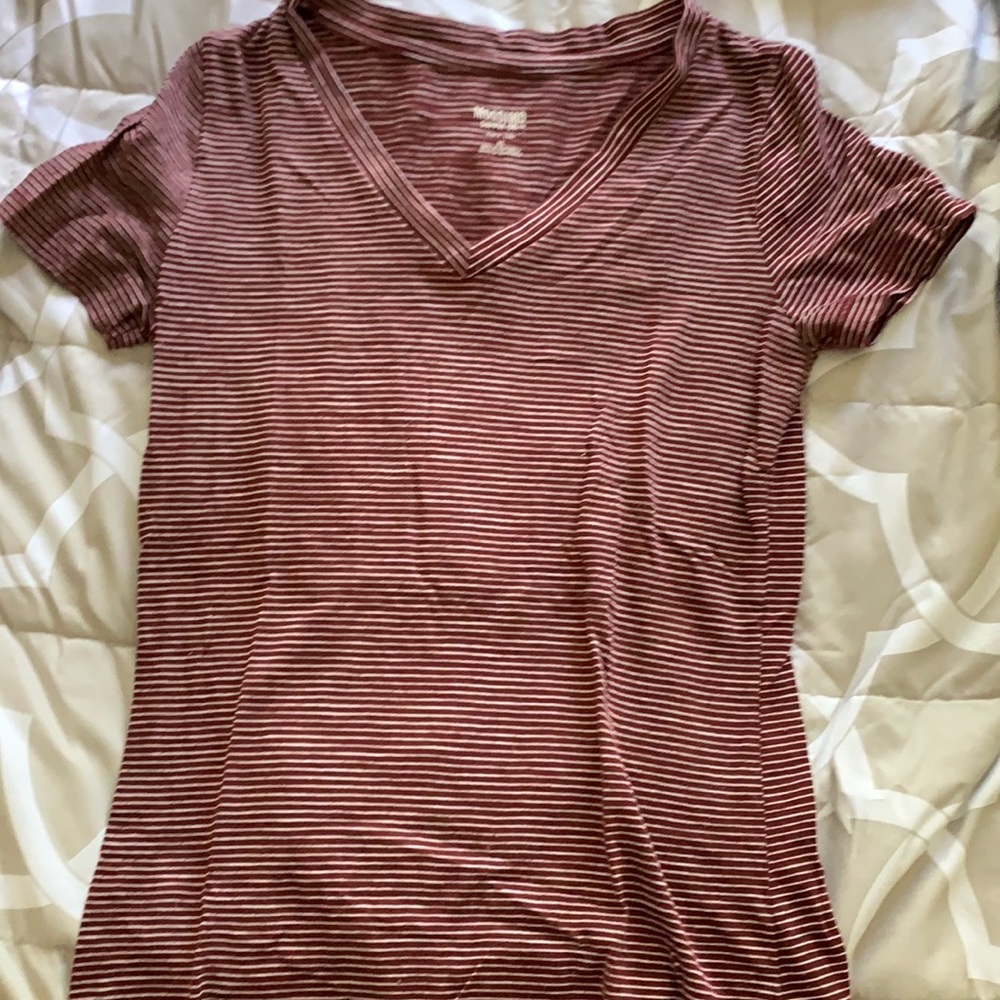 Mission supply co red and white striped v neck tshirt